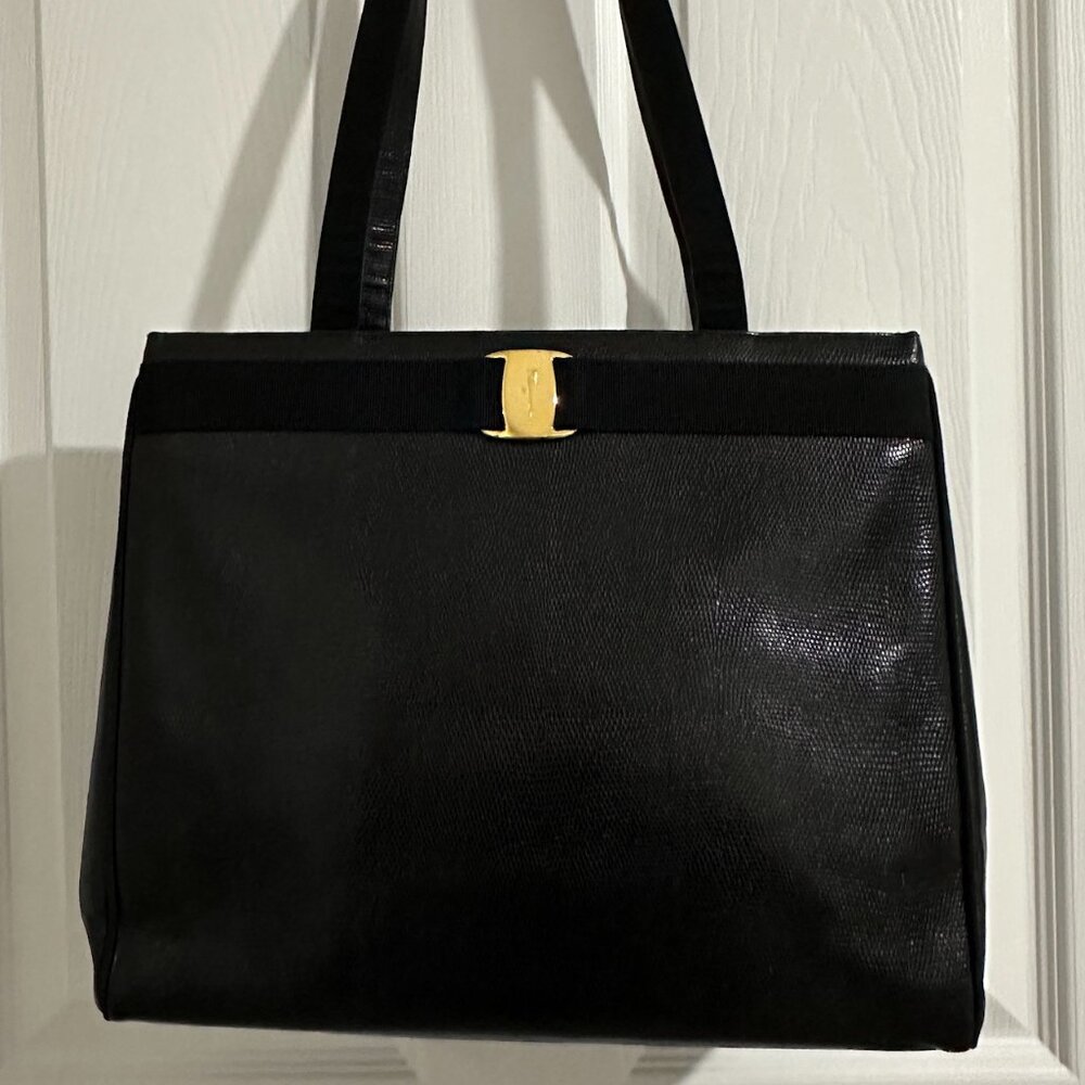 Salvatore Ferragamo Vara Lizard Embossed Leather Tote Bag Black